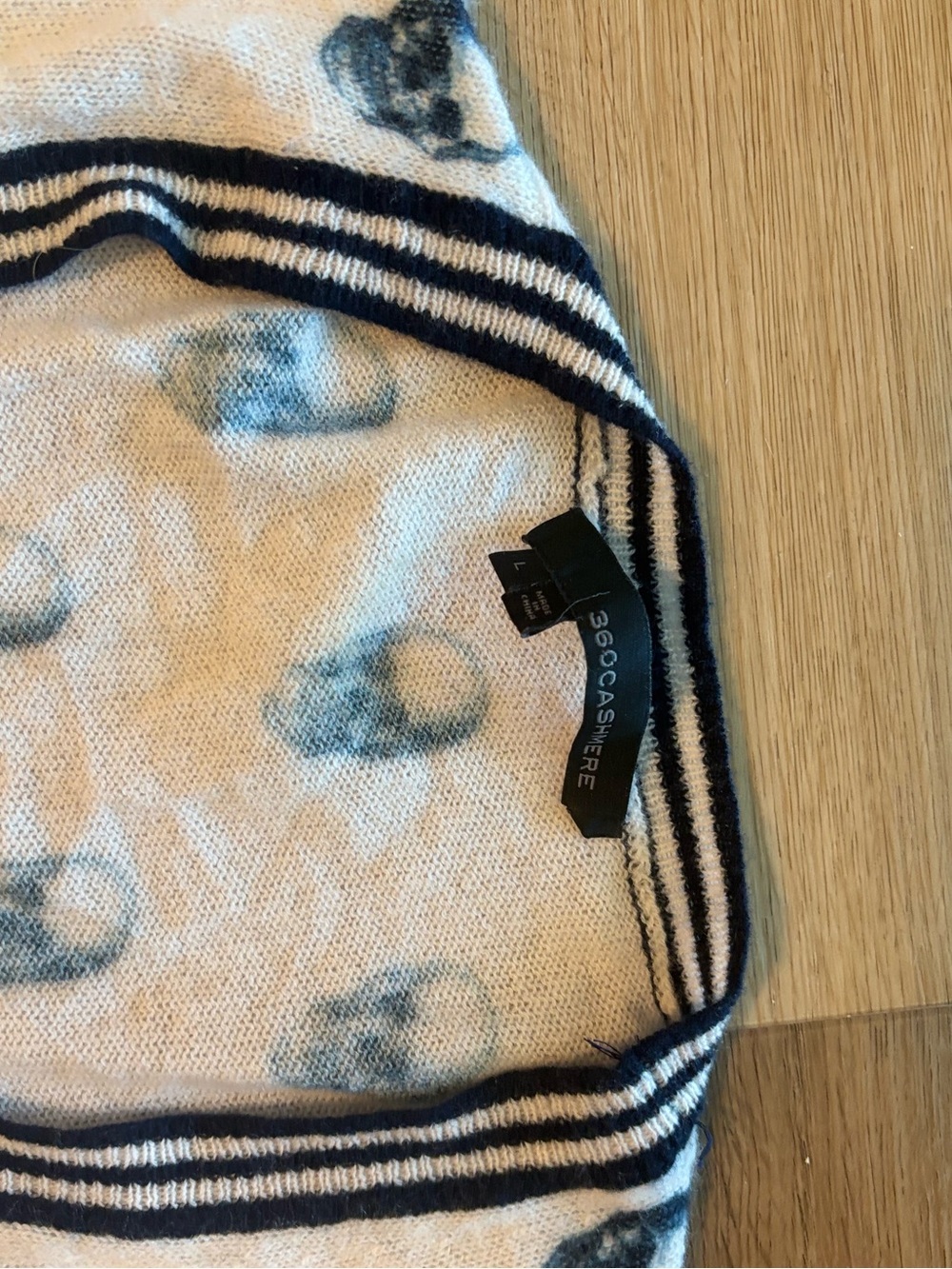 360 Cashmere Cream Cardigan with Navy Skull Motif and Striped Trim - Picture 3 of 4